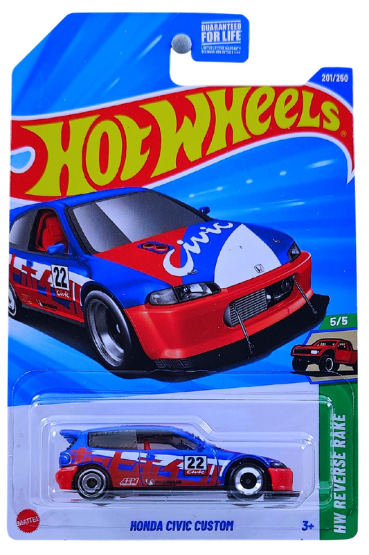 Hot Wheels 2025 - Collector # 201/250 - Reverse Rake 5/5 - Honda Civic Custom - Blue Metalflake / #22 - USA Card