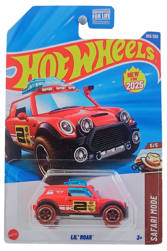 Hot Wheels 2025 - Collector # 203/250 - Safari Mode 5/5 - New Models - Lil' Roar - Red / White Roof / #2 - USA Card