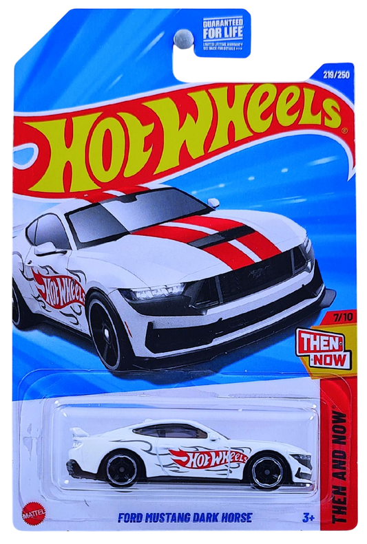 Hot Wheels 2025 - Collector # 219/250 - Then and Now 7/10 - Ford Mustang Dark Horse - White / Red Racing Stripes - M5 Wheels - USA Card