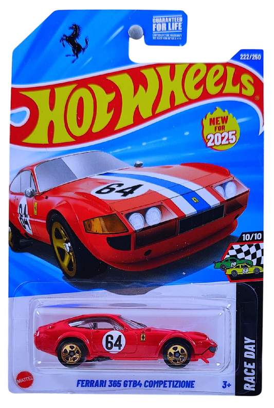 Hot Wheels 2025 - Collector # 222/250 - Race Day 10/10 - Ferrari 365 GTB4 Competizione - Red / #64 - Orange Chrome 5 Spokes - USA 'Prancing Horse' Card