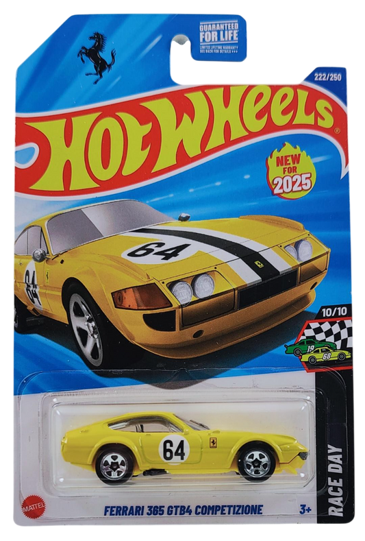 Hot Wheels 2025 - Collector # 222/250 - Race Day 10/10 - Ferrari 365 GTB4 Competizione - Yellow / #64 - 5 Spokes - USA 'Prancing Horse' Card
