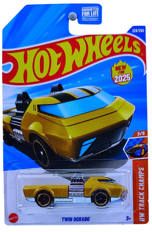 Hot Wheels 2025 - Collector # 228/250 - HW Track Stars 3/5 - New Models - Twin Dorado - Gold Metalflake - USA Card