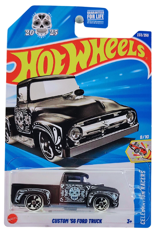 Hot Wheels 2025 - Collector # 233/250 - Celebration Racers 8/10 - Custom '56 Ford Truck - Matte Black - Skull Wheels - USA Card