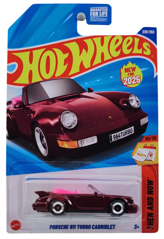 Hot Wheels 2025 - Collector # 239/250 - Then and Now 10/10 - New Models - Porsche 911 Turbo Cabriolet - Dark Red / Amethyst Metallic - Pink Interior - USA Card