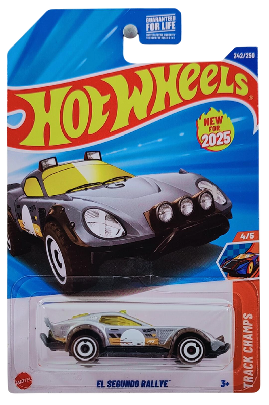 Hot Wheels 2025 - Collector # 242/250 - HW Track Champs 4/5 - New Models - El Segundo Rallye - Metalflake Silver - Aero Disc Wheels - USA Card