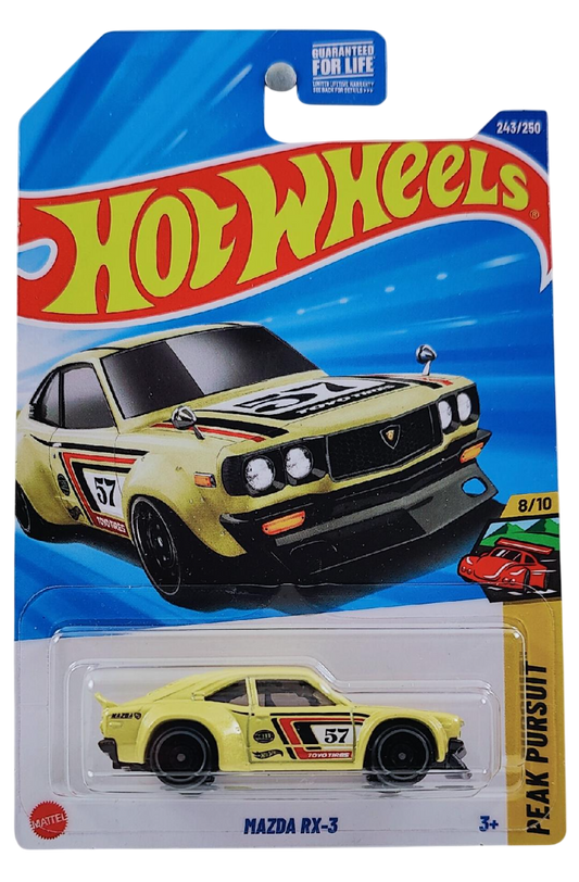 Hot Wheels 2025 - Collector # 243/250 - Peak Pursuit 8/10 - Mazda RX-3 - Maize Yellow - USA Card