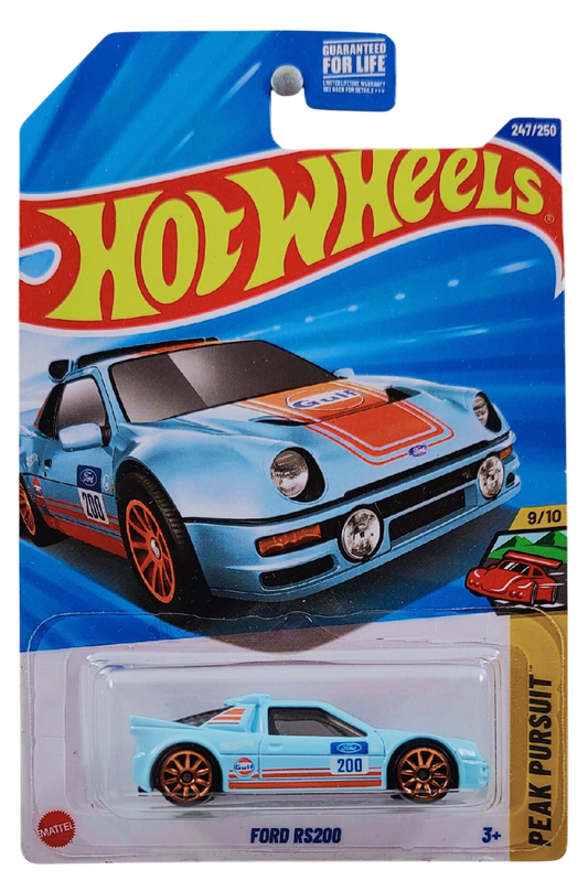 Hot Wheels 2025 - Collector # 247/250 - Peak Pursuit 9/10 - Ford RS200 - Sky Blue / Gulf Racing - Orange 10 Spokes - USA Card