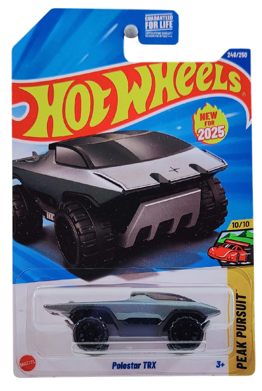 Hot Wheels 2025 - Collector # 248/250 - Peak Pursuit 10/10 - New Models - Polestar TRX - Metalflake Gray - Surf Boards embossed on Bed - USA Card