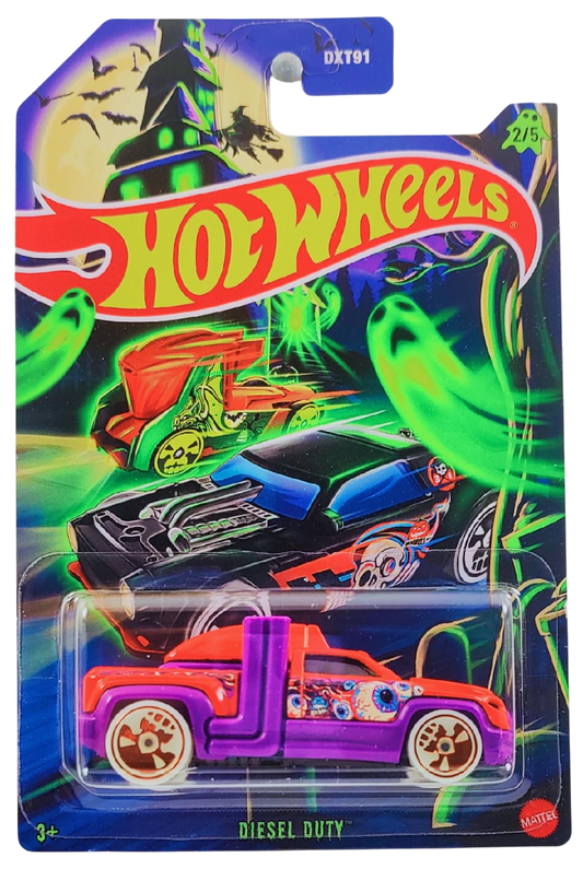 Hot Wheels 2025 - Theme / Happy Halloween Series 2/5 - Diesel Duty - Orange & Purple - Orange Chrome Skull Wheels - Grocery Store's Exclusive - Special Halloween Blister Card