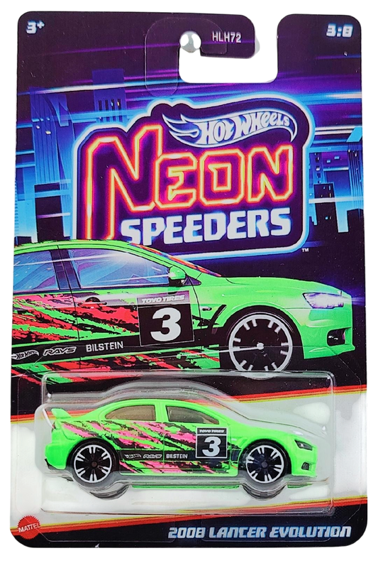 Hot Wheels 2025 - Theme / Neon Speeders 3/8 / Mix 2 - 2008 Lancer Evolution - Neon Green / #3 with Graphics - Neon Speeders 6-Spoke (NS6) Wheels - Walmart Exclusive