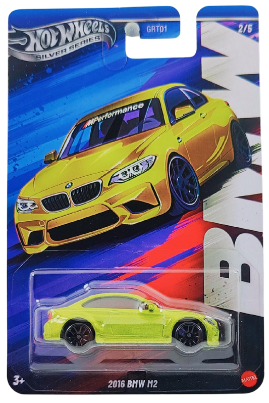 Hot Wheels 2025 - Theme / Silver Series / BMW Series 2/5 - 2016 BMW M2 - Spectraflame Austin Yellow - MM5 Wheels - Walmart Exclusive - BMW Blister Card