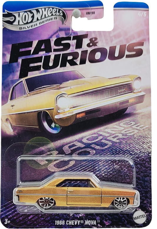Hot Wheels 2025 - Silver Series / Theme / Fast & Furious: Racing Course 4/5 - 1966 Chevy Nova - Metalflake Gold - MM5 Wheels - Walmart Exclusive