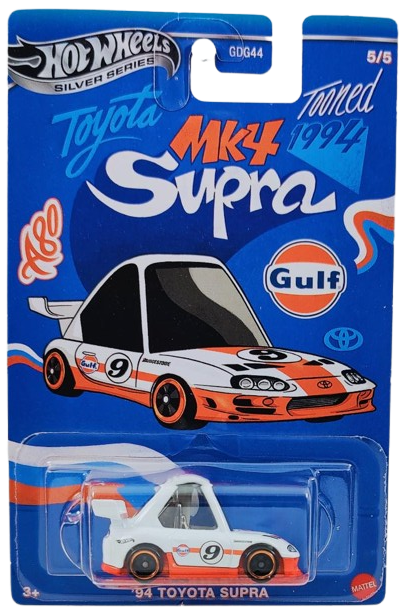 Hot Wheels 2025 - Silver Series / Tooned / Gulf Racing # 5/5 - Toyota MK4 Supra - White / #9 - BC5 Wheels - Walmart Exclusive