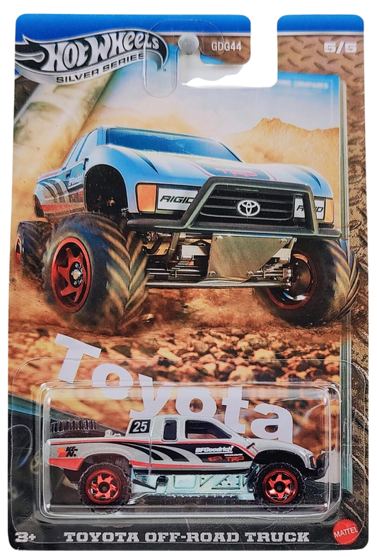 Hot Wheels 2025 - Silver Series / Theme Series / Toyota Series 5/5 - Toyota Off-Road Truck - Silver / #25 - Red Chrome Off-Road Swirl 6 Spoke (ORSW6) Wheels - Metal Base - Walmart Exclusive