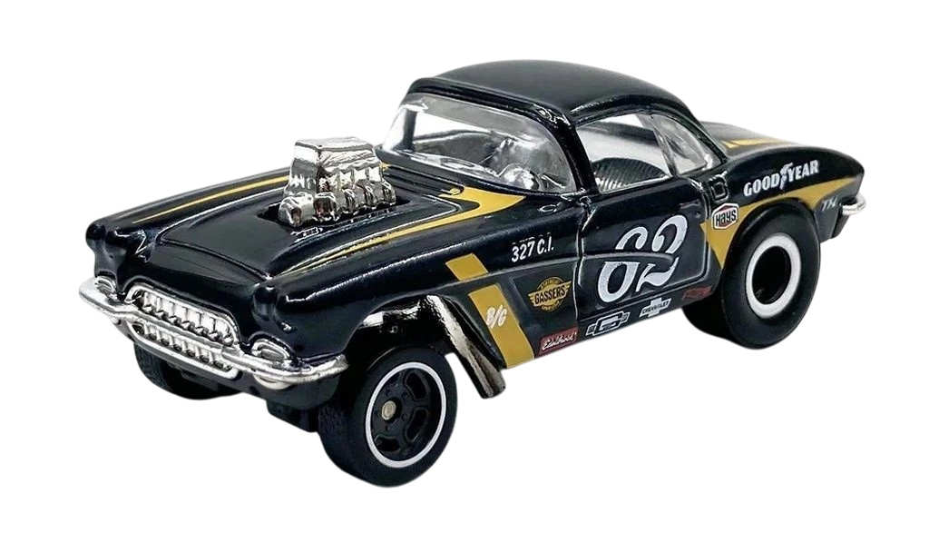 Hot Wheels 2025 - Collector # 182/250 - HW Reverse Rake 4/5 - SUPER Treasure Hunt - '62 Corvette Gasser - Spectraflame Dark Blue / #62 / Various Racing Decals / TH on Rear Fender - Real Rider White Walls - USA Card