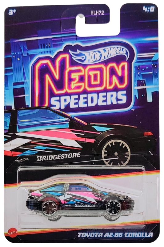 Hot Wheels 2025 - Theme / Neon Speeders 4/8 / Mix 2 - Toyota AE-86 Corolla - Glossy Black - Chrome Speeders 6-Spoke (NS6) Wheels - Walmart Exclusive