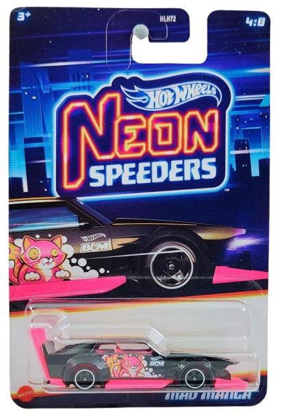 Hot Wheels 2025 - Theme / Neon Speeders 4/8 / Mix 1 - Mad Manga - Black & Neon Pink & Orange / Kitten Graphics / B&M - S5 Wheels - Walmart Exclusive