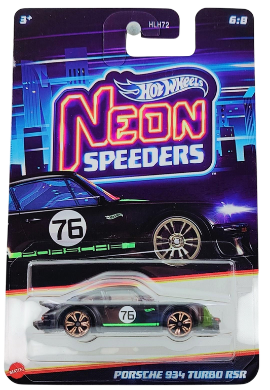 Hot Wheels 2025 - Theme / Neon Speeders 6/8 / Mix 2 - Porsche 934 Turbo RSR - Matte Black / #76 with Stripes - Copper Speeders 6-Spoke (NS6) Wheels - Walmart Exclusive
