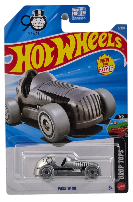Hot Wheels 2026 - Collector # 005/250 - Drop Tops 1/5 - New Models - Pass 'N Go - ZAMAC - AeroDisc Wheels - USA '2026 - Monopoly 90 Years' Card