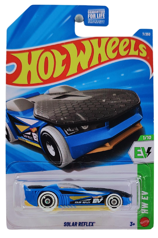 Hot Wheels 2026 - Collector # 007/250 - HW EV 1/10 - Solar Reflex - Blue / Yellow Base - White Aero Disc Wheels & Tires - USA Card