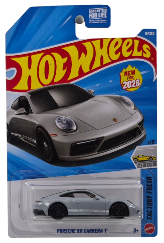 Hot Wheels 2026 - Collector # 015/250 - Factory Fresh 1/5 - New Models - Porsche 911 Carrera T - Arctic Gray - 10 Spoke Wheels - USA '2026' Card