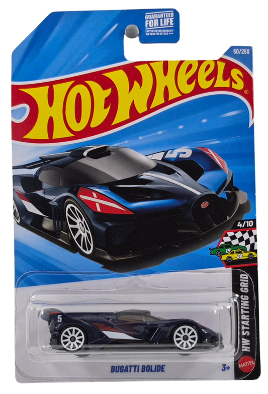Hot Wheels 2026 - Collector # 050/250 - HW Starting Grid 4/10 - Bugatti Bolide - Metalflake Navy Blue - White 10 Spoke Wheels - USA '2026' Card