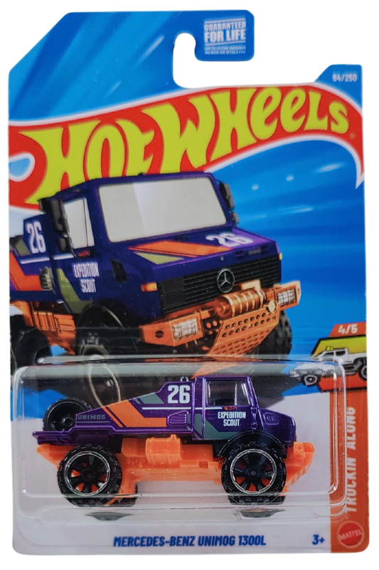 Hot Wheels 2026 - Collector # 064/250 - Truckin' Along 4/5 - Mercedes-Benz Unimog 1300L - Purple Metalflake - OR6SP Wheels - USA '2026' Card