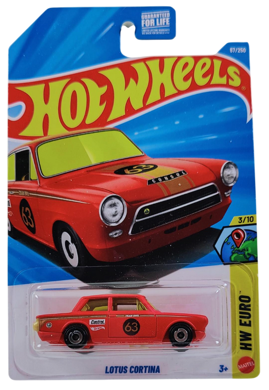Hot Wheels 2026 - Collector # 067/250 - HW Euro 3/10 - Lotus Cortina - Satin Cherry Red / #63 - Aero Disc Wheels - USA '2026' Card