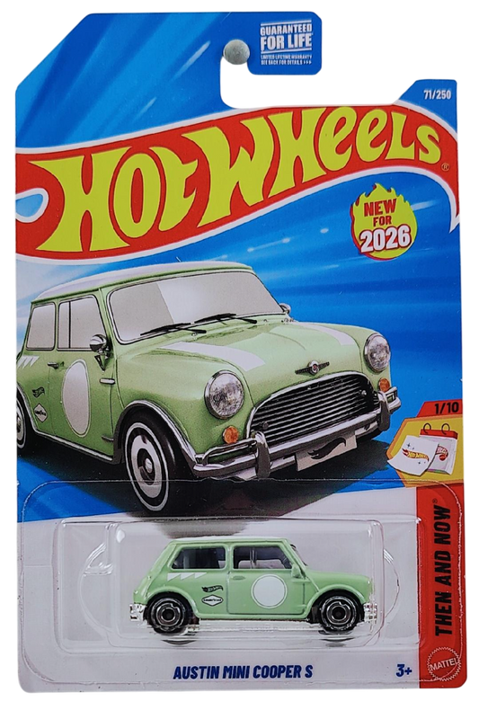 Hot Wheels 2026 - Collector # 071/250 - Then and Now 1/10 - New Models - Austin Mini Cooper S - Pale Green - Aero Disc Wheels - USA '2026' Card