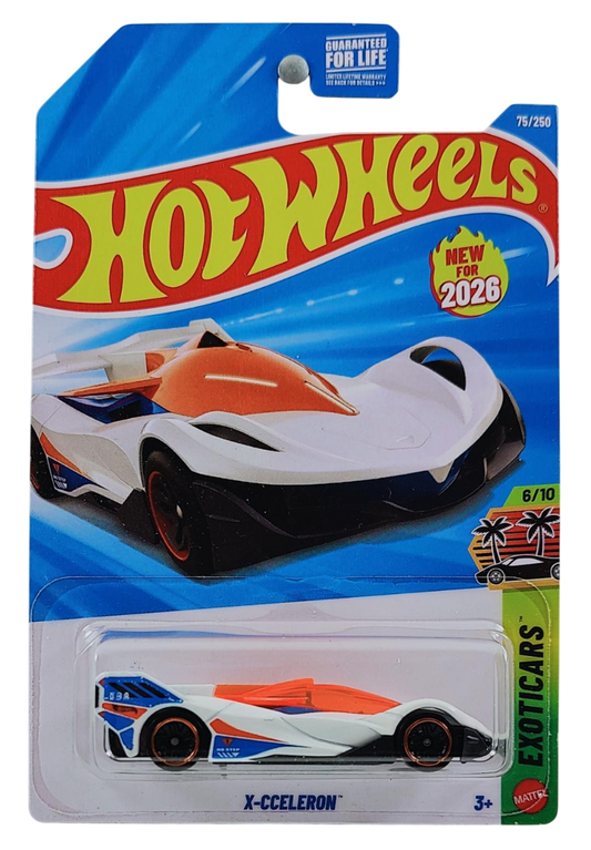 Hot Wheels 2026 - Collector # 075/250 - Exoticars 6/10 - New Models - X-cceleron - White - USA '2026' Card