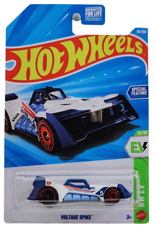Hot Wheels 2026 - Collector # 085/250 - HW EV 8/10 - Voltage Spike - White / Blue Nose & Tail - Red Chrome & Black Aero Disc - USA '2026' Card