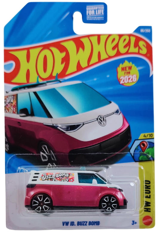 Hot Wheels 2026 - Collector # 086/250 - HW Euro 4/10 - New Models - VW ID. Buzz Bomb - Candy White with Dark Pink Cladding - Trap5 Wheels - USA '2026' Card