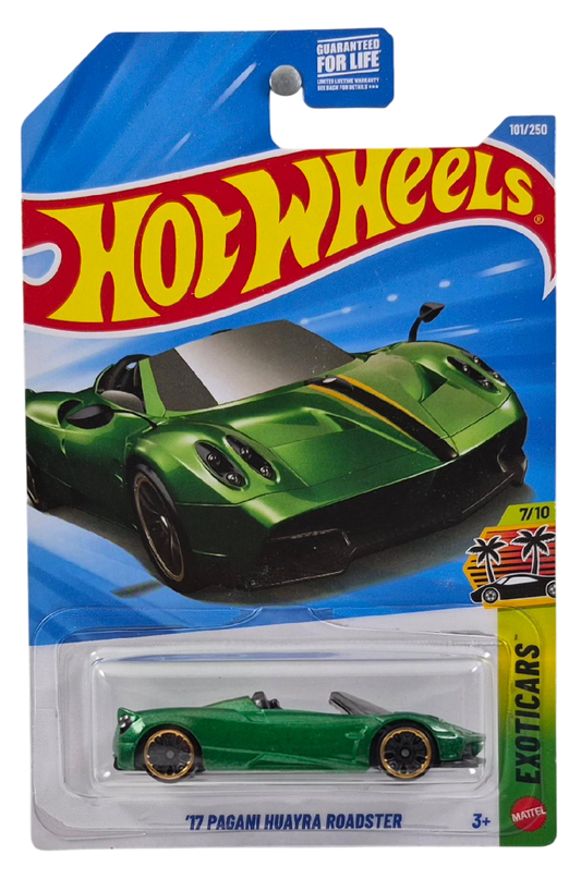 Hot Wheels 2026 - Collector # 101/250 - Exoticars 7/10 - '17 Pagani Huayra Roadster - Metalflake Green - CBJ5 Wheels - USA '2026' Card
