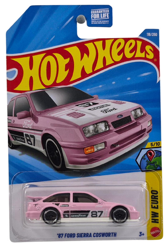 Hot Wheels 2026 - Collector # 116/250 - HW Euro 5/10 - '87 Ford Sierra Cosworth - Pink / #87 - Chrome Rim, Black LW Wheels - USA '2026' Card