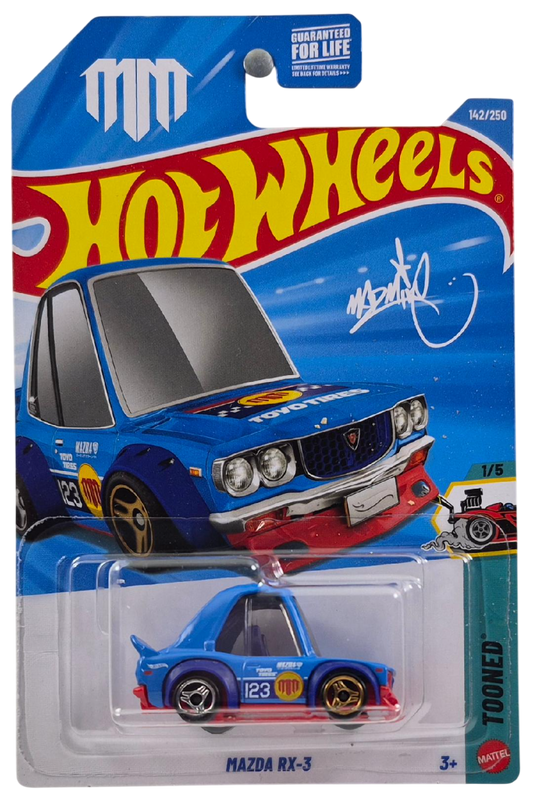 Hot Wheels 2026 - Collector # 142/250 - Tooned 1/5 - Mazda RX-3 - Blue / #123 - USA '2026 Mad Mike' Card