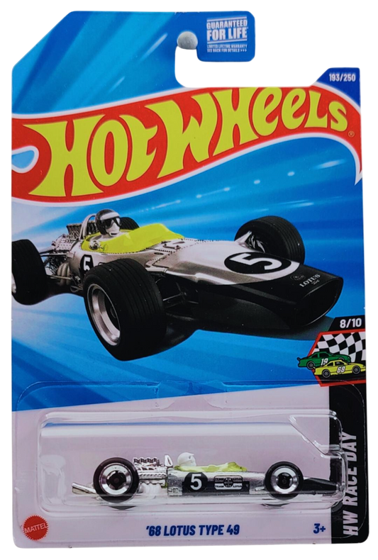 Hot Wheels 2025 - Collector # 193/250 - HW Race Day 8/10 - '68 Lotus Type 49 - ZAMAC / #5 - L4 Wheels - Kroger Exclusive - USA Card
