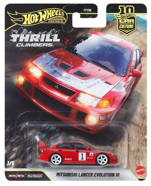 Hot Wheels 2026 - Premium / Car Culture / Thrill Climbers 3/5 - Mitsubishi Lancer Evolution VI - Red - Metal/Metal & Real Riders