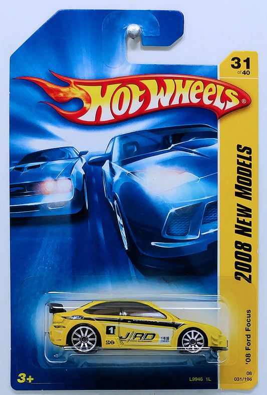 Hot Wheels 2008 - Collector # 031/196 - New Models 31/40 - '08 Ford Focus - Yellow / #1 / 'J/RD' / White & Black Graphics - 10 Spoke (10SP) Wheels - USA Card
