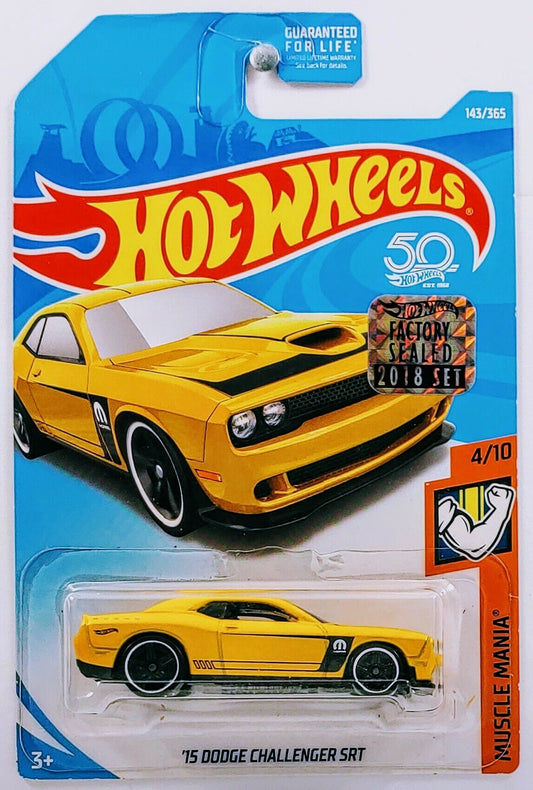 Hot Wheels 2018 - Collector # 143/365 - Muscle Mania 4/10 - '15 Dodge Challenger SRT - Dark Yellow - USA 50th Card with Factory Set Sticker