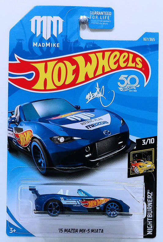 Hot Wheels 2018 - Collector # 167/365 - Nightburnerz 3/10 - '15 Mazda MX-5 Miata - Satin Blue - USA 50th Card