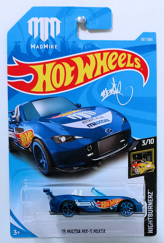 Hot Wheels 2018 - Collector # 167/365 - Nightburnerz 3/10 - '15 Mazda MX-5 Miata - Satin Blue - International Card