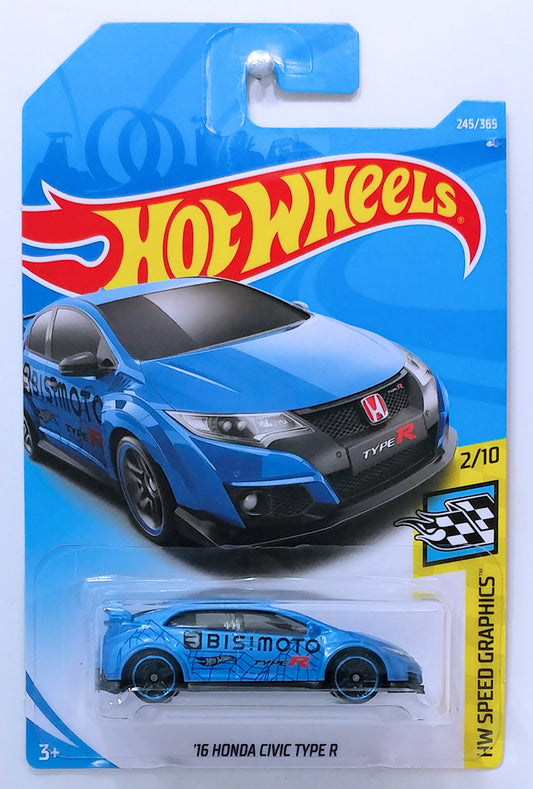 Hot Wheels 2018 - Collector # 245/365 - HW Speed Graphics 2/10 - '16 Honda Civic Type R - Blue / BISTMOTO - PR5 Wheels - International Card