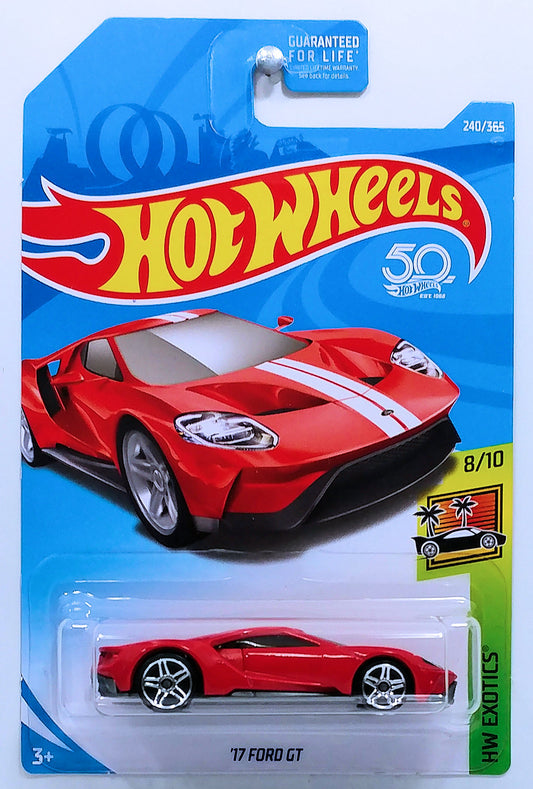 Hot Wheels 2018 - Collector # 240/365 - HW Exotics 8/10 - '17 Ford GT - Red with White Racing Stripes - PR5 Wheels - USA 50th Card