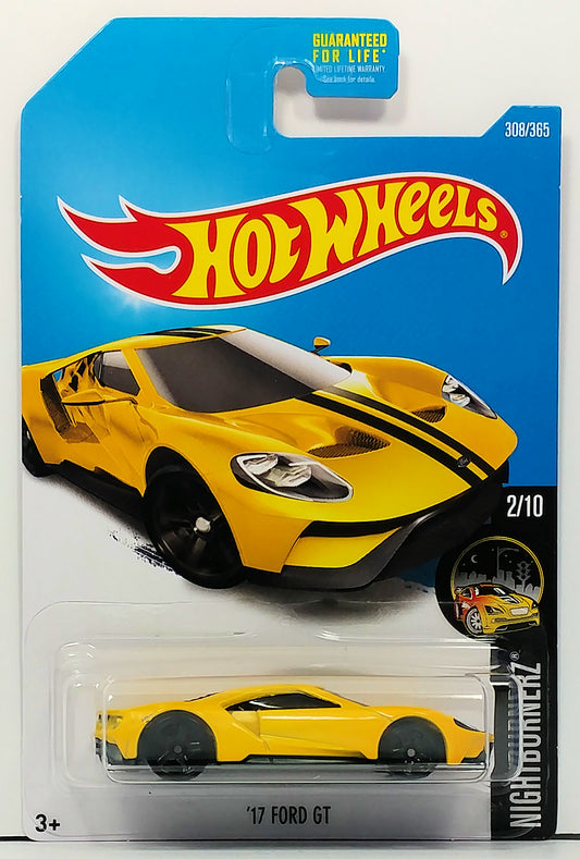 Hot Wheels 2017 - Collector # 308/365 - Nightburnerz 2/10 - '17 Ford GT - Yellow / Black Racing Stripes - USA Card