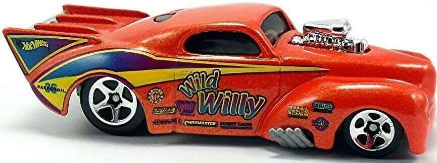 Hot Wheels 2000 - Collector # 074/250 - First Editions 14/36 - '41 Willys (Pro Mod Drag Car) - Pearl Metalflake Orange / 'Wild Willy' / various Racing Decals - 5 Spokes - USA 'Angled' Card