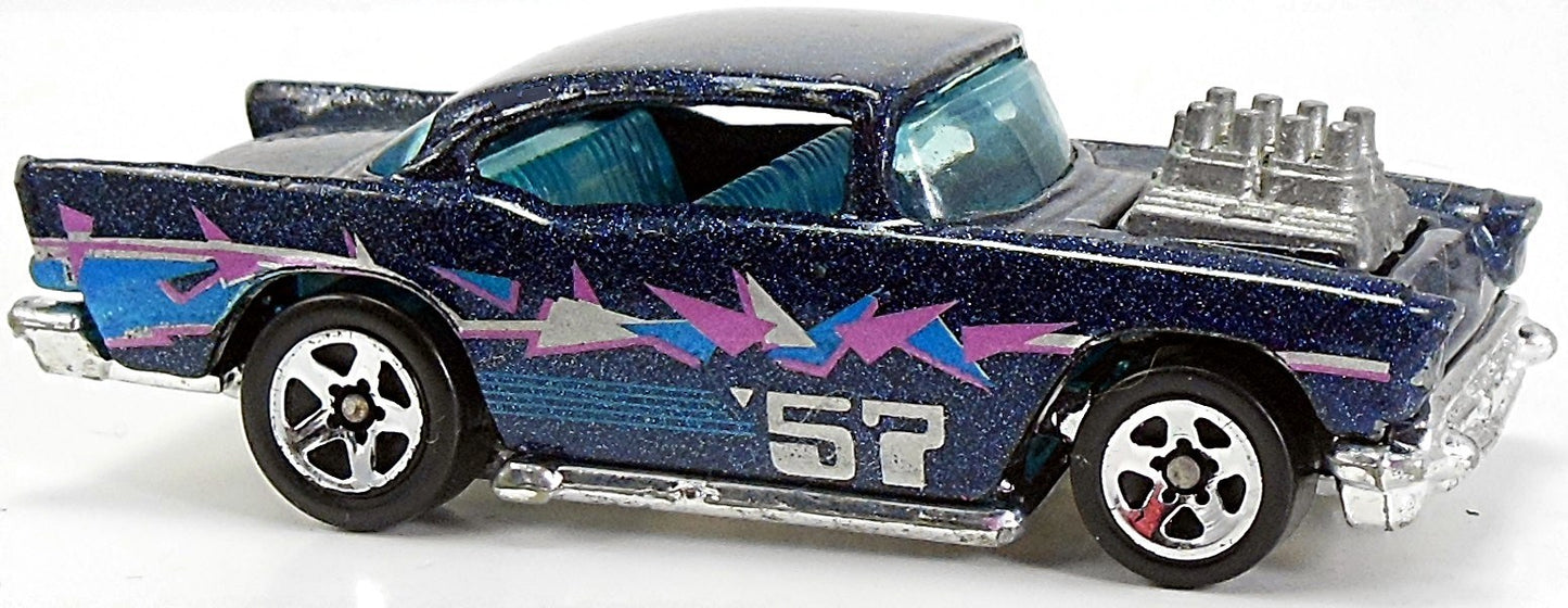 Hot Wheels 1995 - Collector # 290 - Steel Stamp Series 4/4 - '57 Chevy - Midnight Blue Metalflake - 5 Spokes - Blue Tint Windows - USA Blue & White Card