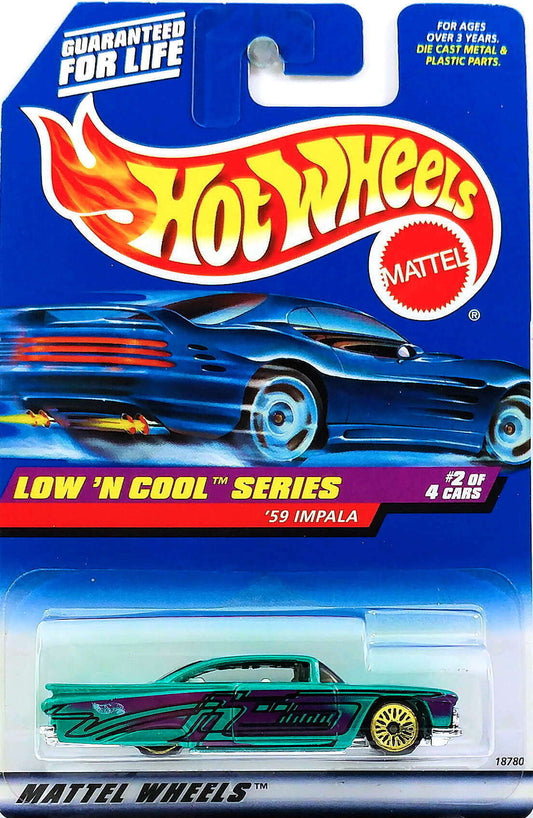Hot Wheels 1998 - Collector # 698 - Low 'N Cool Series 2/4 - '59 Impala - Green Metalflake - Gold Lace Wire Wheels - USA Blue Car Card