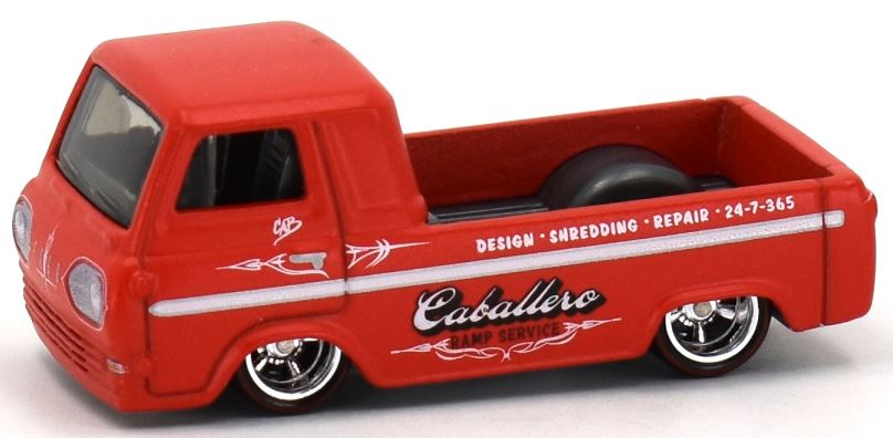 Hot Wheels 2018 - Premium / Car Culture / Shop Trucks 5/5 - '60s Ford Econoline Pickup - Red / Caballero Ramp Service - Metal/Metal & Real Riders