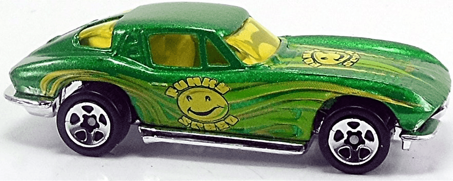 Hot Wheels 2001 - Collector # 090/240 - Hippie Mobile Series 2/4 - '63 Corvette - Green / Funny Speed with Smiley Emoji - USA Card