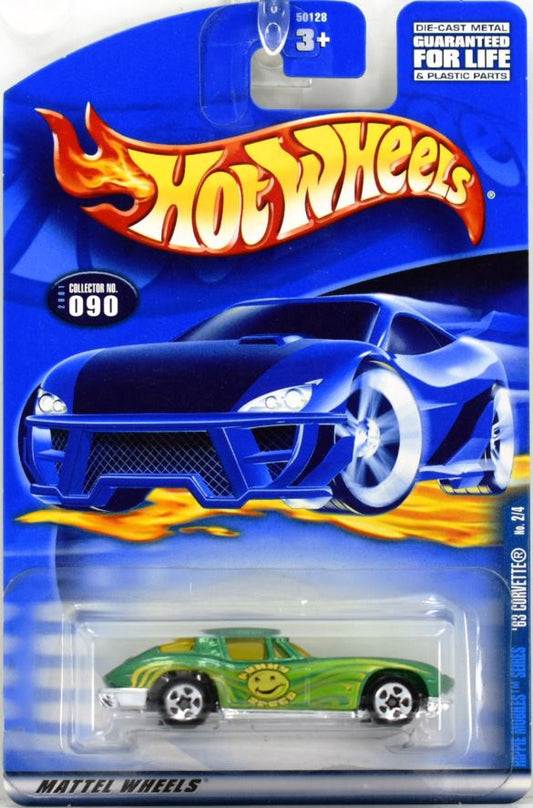 Hot Wheels 2001 - Collector # 090/240 - Hippie Mobile Series 2/4 - '63 Corvette - Green / Funny Speed with Smiley Emoji - USA Card